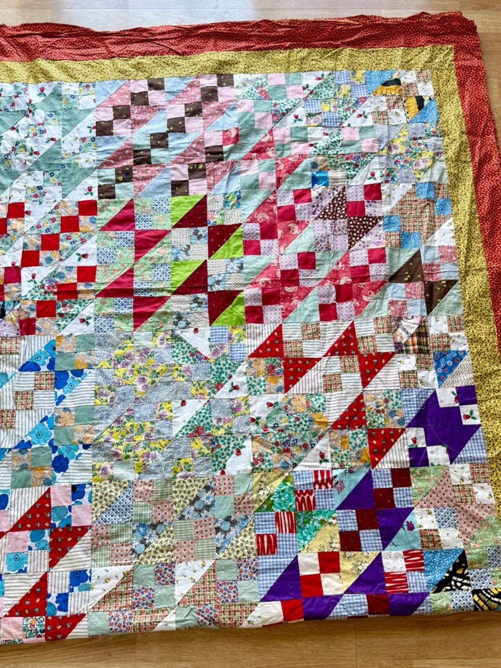 Very Large Colorful Vintage Homemade Hand Stitched Patchwork Quilt Top 106x93 - Picture 8 of 12